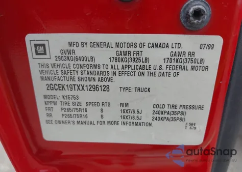 1999 Chevrolet Silverado 1500 Ls z USA, uszkodzony, nr VIN 2GCEK19TXX1296128